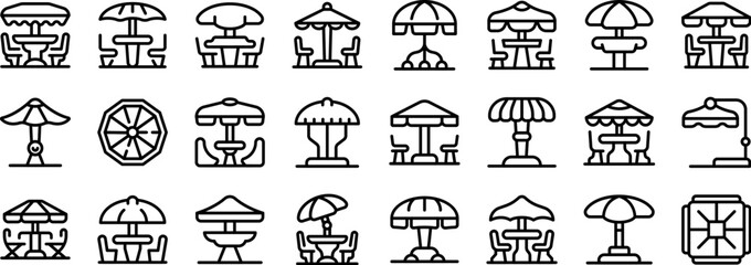 Outdoor cafe umbrella icons set outline vector. Street food. Cafeteria table