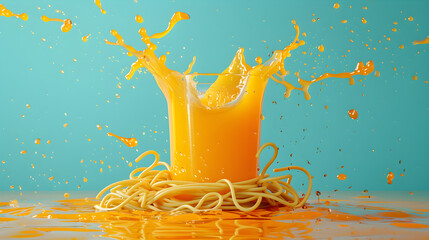 Quirky Fusion: Unconventional Pairing of Spaghetti and Orange Juice in a Whimsical Setting - obrazy, fototapety, plakaty