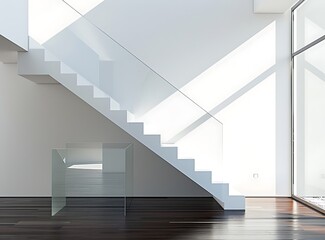 Modern interior of a house with a staircase made from dark wood and a glass handrail