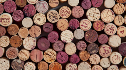 A variety of wine corks with different engravings and stamps is displayed closely packed together.