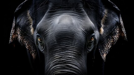 Close-up of elephants face against black background - obrazy, fototapety, plakaty