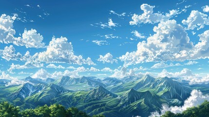 Desktop with mountains in the distance under a blue sky with white clouds