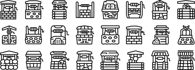 Old water well icons set outline vector. Rural stone. Ancient garden farm