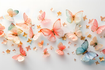Fototapeta premium A row of butterflies pollinating on white, mythical creatures with pink wings