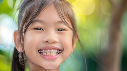 Young girl with braces smiles at the camera