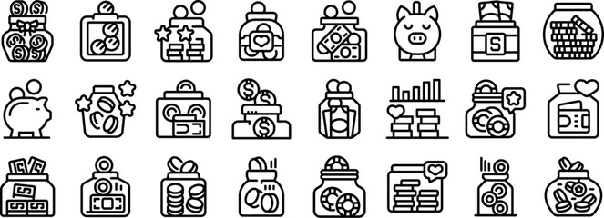 Money box tips icons set outline vector. Donation savings. Can pension - obrazy, fototapety, plakaty