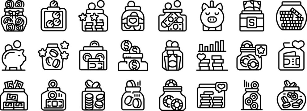 Naklejki Money box tips icons set outline vector. Donation savings. Can pension