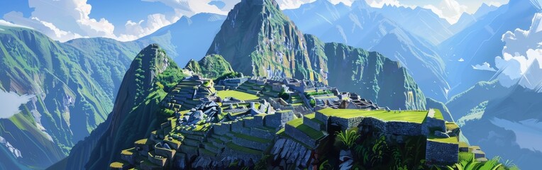 A mountain range with a green hillside and a village on top