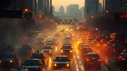 Hazy City Commute: The Beat of Urban Gridlock. Concept Urban Architecture, Traffic Jams, City Landscapes, Rush Hour Hustle, Daily Commute - obrazy, fototapety, plakaty
