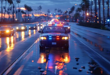 Police cars with flashing lights are racing along a forest road at night