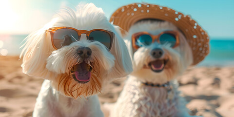 dogs with sunglasses , funny puppies with sunglasses an the beach
