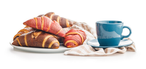 Fresh fruity and chocolate Croissants With a Cup of Coffee on White Background - 787469385