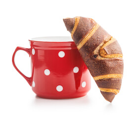 Fresh Chocolate Croissant With a Cup of Coffee on White Background - 787469504
