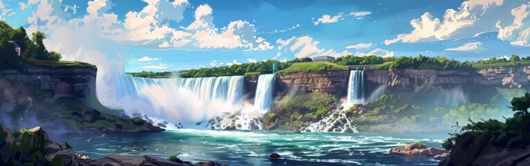A beautiful waterfall with a blue sky in the background