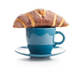 Fresh Chocolate Croissant With a Cup of Coffee on White Background - 787469530