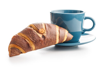 Fresh Chocolate Croissant With a Cup of Coffee on White Background - 787469544