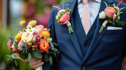 groom with bouquet of flowers