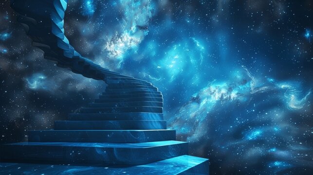 A striking podium image that evokes the wonder and mystery of the universe with a cosmic blue backdrop and a spiral staircase leading . .