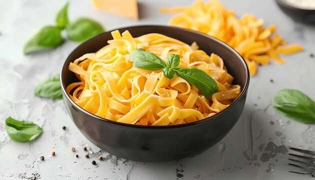 Bowl of tasty Italian pasta with cheese on light background