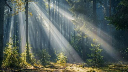 A beautiful forest scene illuminated by soft sunlight filtering through the trees, creating a peaceful and inviting atmosphere - obrazy, fototapety, plakaty