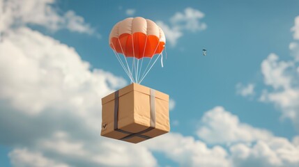 A brown parcel cardboard box equipped with a parachute, representing an online delivery service concept with global logistics