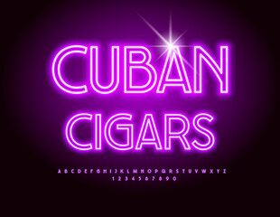 Vector bright template Cuban Cigars. Elegant Neon Font. Violet glowing Alphabet Letters and Numbers set.