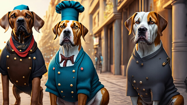 Dogs dressed up like human chefs, 4k resolution