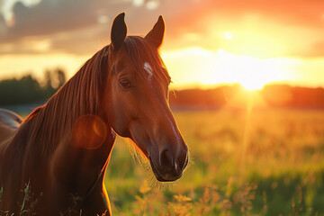 Beautiful horse on green field - obrazy, fototapety, plakaty
