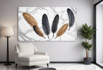 panel wall art, marble background with feather designs , wall decoration 3d illustration created with generative ai.