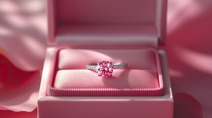 Ring in a minimalist jewelry box against a soft pink background. AI generate illustration