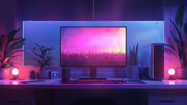 Empty monitor of PC dekstop at the modern workplace neons creen concept