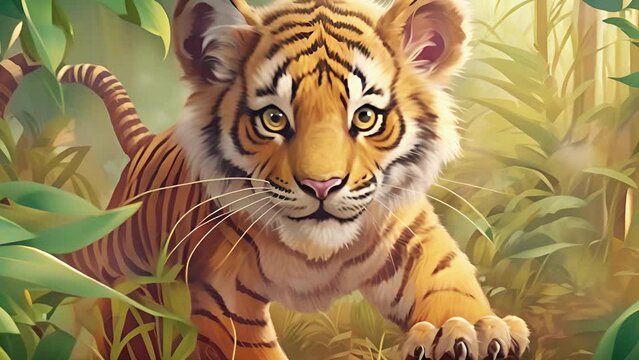 Young Bengal tiger cub prowling in a lush jungle. Illustrated tiger with vivid stripes amid greenery. Concept of wildlife art, jungle animals, and endangered species. Motion