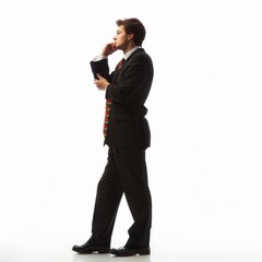 A man in a suit is talking on his cell phone while holding a book