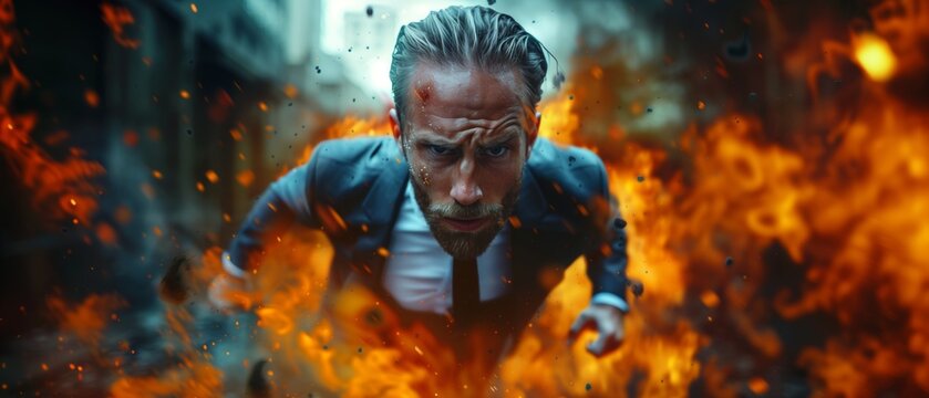 Confident Businessman is determined to solve problems and overcome obstacles in business. Fire and smoke around