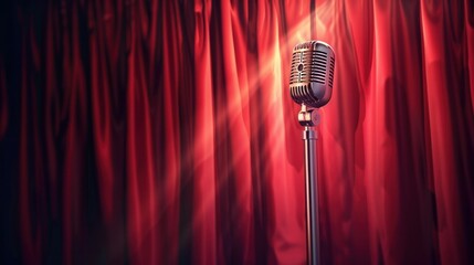 A vibrant vector illustration of stage curtains opening to reveal a shining microphone, symbolizing a beginning of a performance - obrazy, fototapety, plakaty