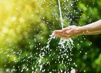 Water, washing and hands of person in garden for hygiene, sustainability and outdoor irrigation....