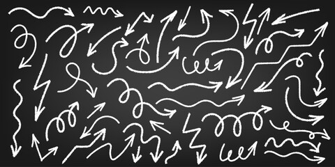 Colorful chalk arrow set. Hand drawn freehand different curved lines, swirls arrows. Vector doodle marker drawing