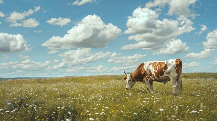 Fototapeta na wymiar Cow grazing in a summer field