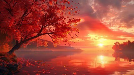 A breathtaking autumn sunrise showcasing warm colors and serene landscape views - obrazy, fototapety, plakaty