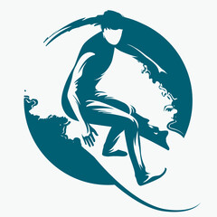 vector monochrome circle logo drawing of a surfer on a board riding the waves at sea