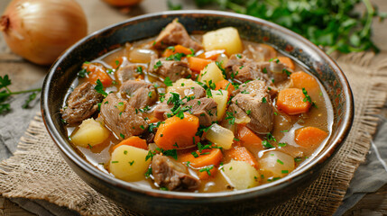 Homemade Irish stew mutton potatoes onion carrots