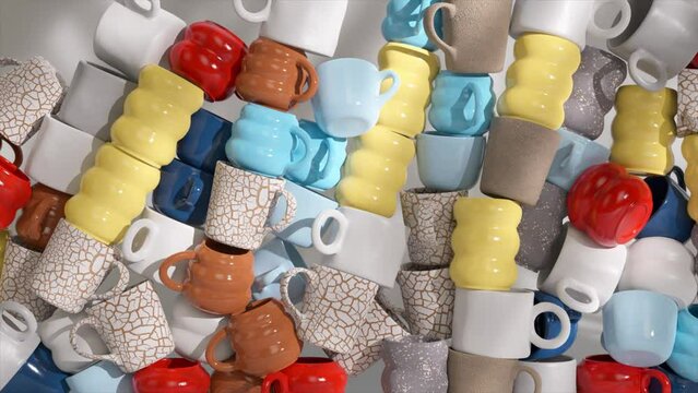 Close-up of colorful textured 3D coffee mugs stacked abstractly