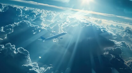 An airplane soars through a sunny blue sky, surrounded by fluffy clouds, capturing a sense of freedom and adventure - obrazy, fototapety, plakaty