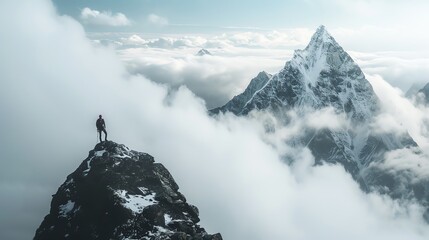 High mountain peak piercing through clouds, climber reaching the summit, panoramic view of surrounding peaks, achievement and awe, editorial photography - obrazy, fototapety, plakaty