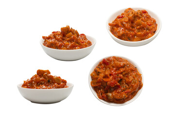 Vegetable stew in a bowl isolated on white background.
