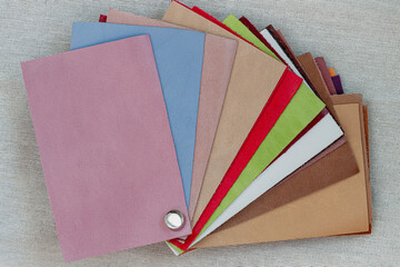 Samples of genuine leather, choice of color. Modern industry and handmade concept