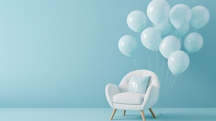 A whimsical and outstanding setup of a white chair with floating blue balloons against a blue pastel background in a studio