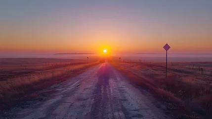Zelfklevend Fotobehang Dawn's Hush on a Lone Highway. Concept Solitude, Sunrise, Open Road, Tranquility, Nature Beauty © Ян Заболотний
