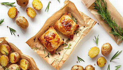 Collage of baking paper with fresh pastry and roasted potatoes on white background