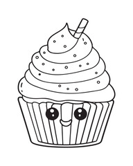 
Cute Kawaii cupcake coloring Pages, Cupcake illustration, cupcake black and white,  cupcake flat design, cake vector art.